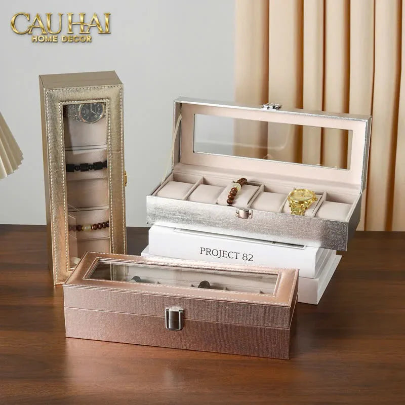 Hộp Đồng Hồ Da Glaze Champagne 6 Slots-CẬU HAI HOME DECOR