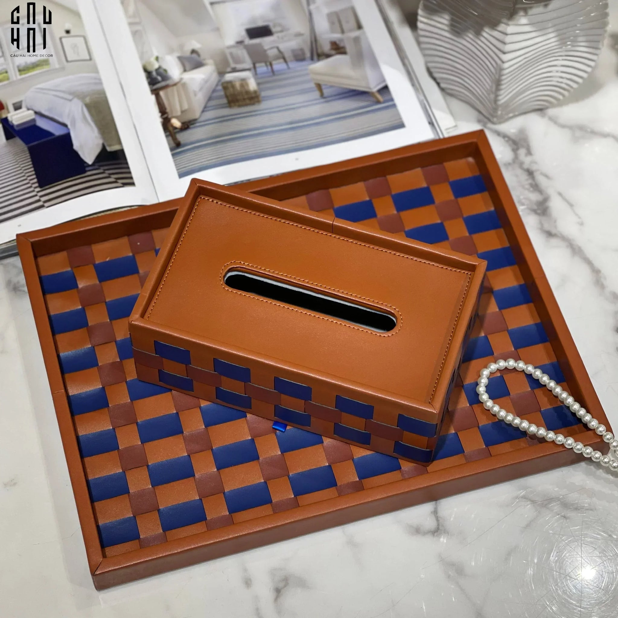 Hộp Khăn Giấy Da Auburn Ruban Leather Tissue Box-CẬU HAI HOME DECOR