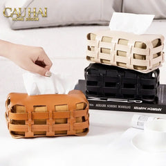 Hộp Khăn Giấy Da Đan Signature Orange Lux Leather Carré Vanity Tissue Holder-CẬU HAI HOME DECOR