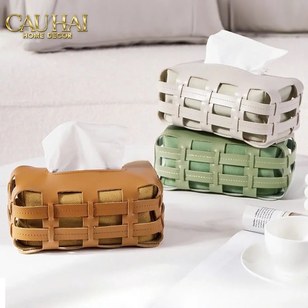 Hộp Khăn Giấy Da Đan Signature Orange Lux Leather Carré Vanity Tissue Holder-CẬU HAI HOME DECOR
