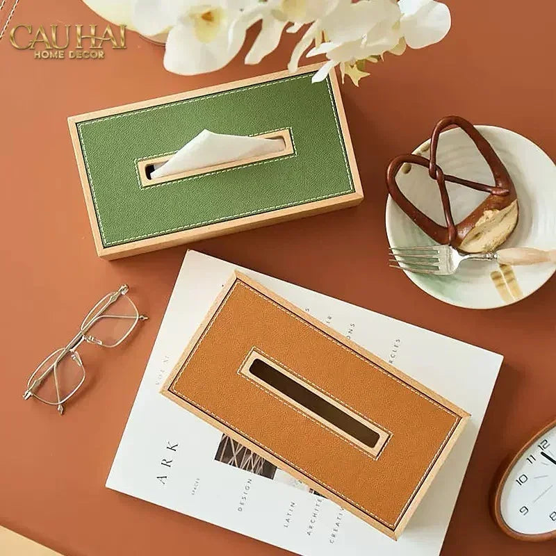 Hộp Khăn Giấy Gỗ Bọc Da Ethan Signature Atélier Luxe Leather - Sienna Orange 13x25-HỘP KHĂN GIẤY-CẬU HAI HOME DECOR
