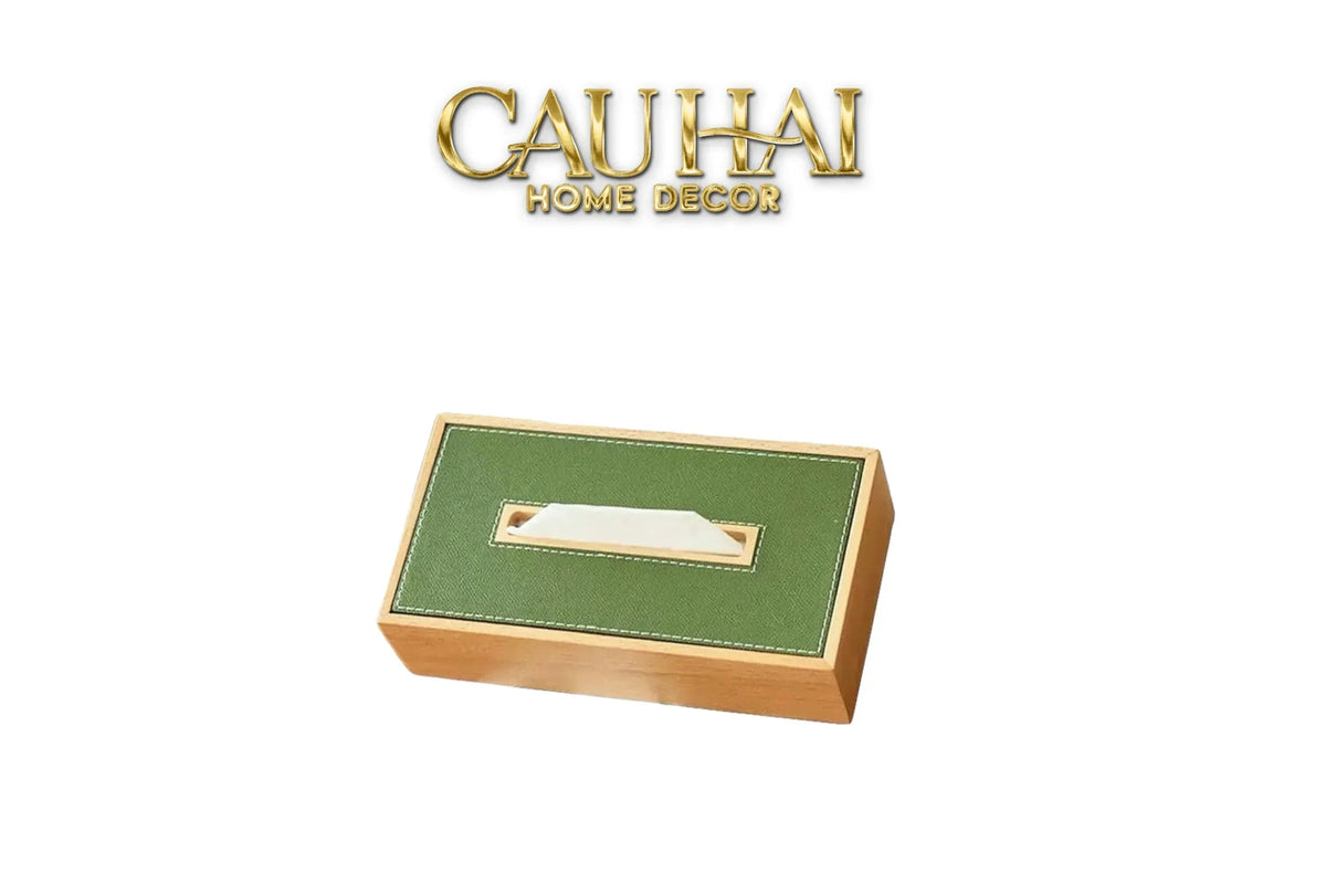 Hộp Khăn Giấy Gỗ Bọc Da Ethan Signature Atélier Luxe Leather - Vert Olive 13x25