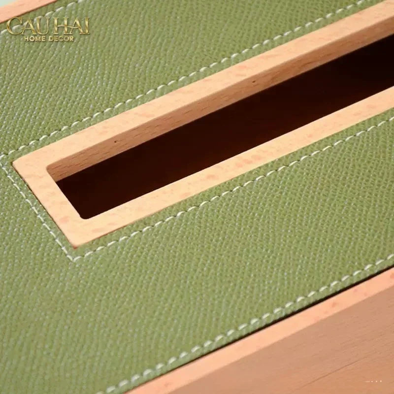 Hộp Khăn Giấy Gỗ Bọc Da Ethan Signature Atélier Luxe Leather - Vert Olive 13x25-HỘP KHĂN GIẤY-CẬU HAI HOME DECOR