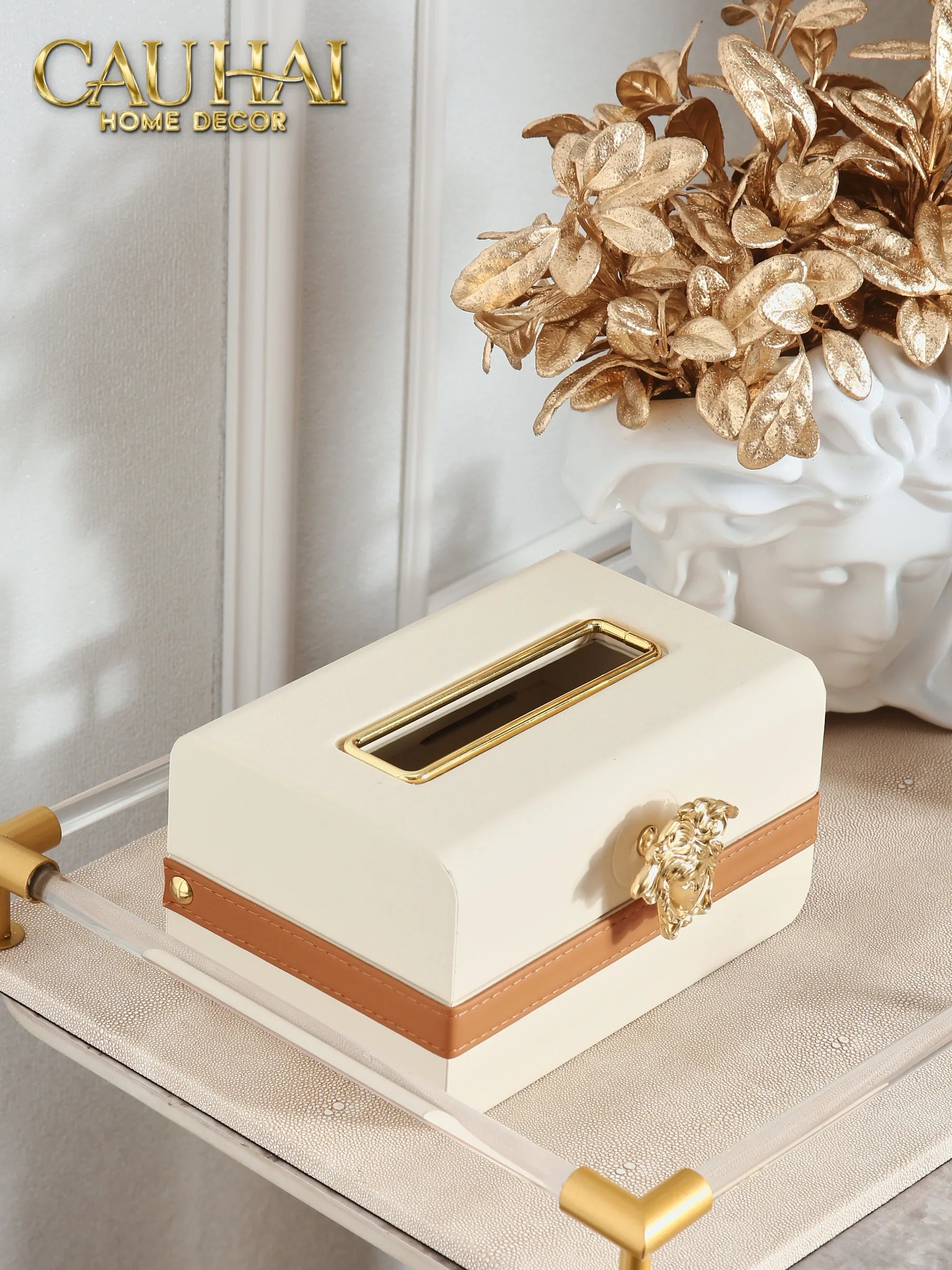 Hộp Khăn Giấy Lux Ivory Leather Medus Spéciale Édition-CẬU HAI HOME DECOR