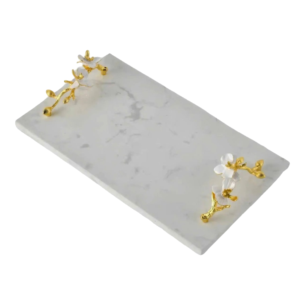 Maison Couture - Haute Orchid Golden Branches Decorative Rectangular Marble Tray 22x37