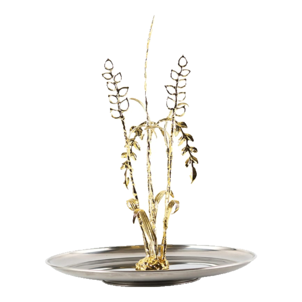 Elysian - Round Platinum Metallic Fruit Plate Golden Eucalyptus Branch D30