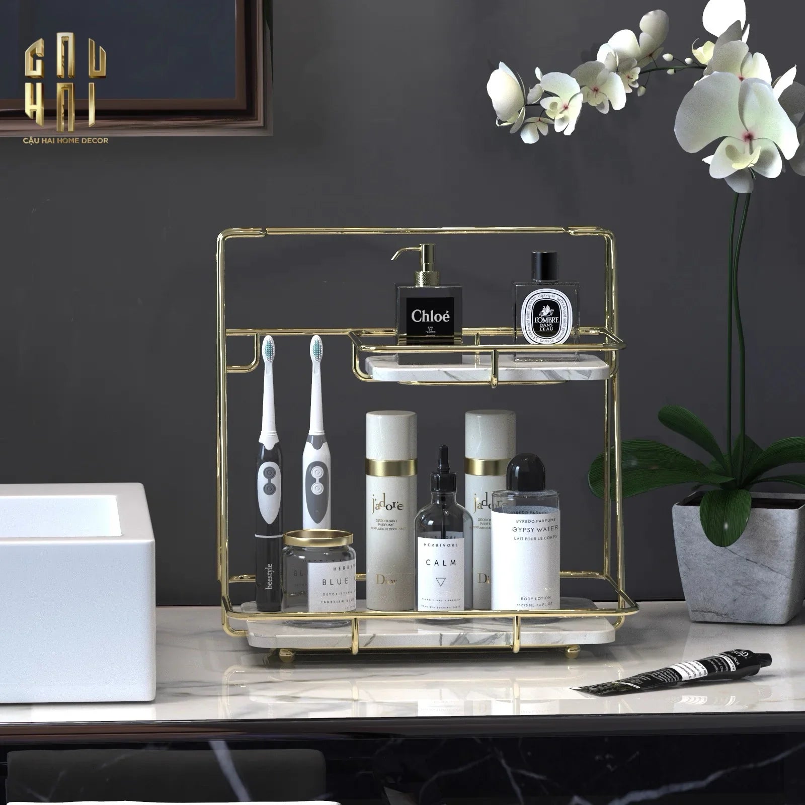 Kệ 2 Tầng Đá Marble Trắng Roosevelt Mansion 21x32x32-CẬU HAI HOME DECOR