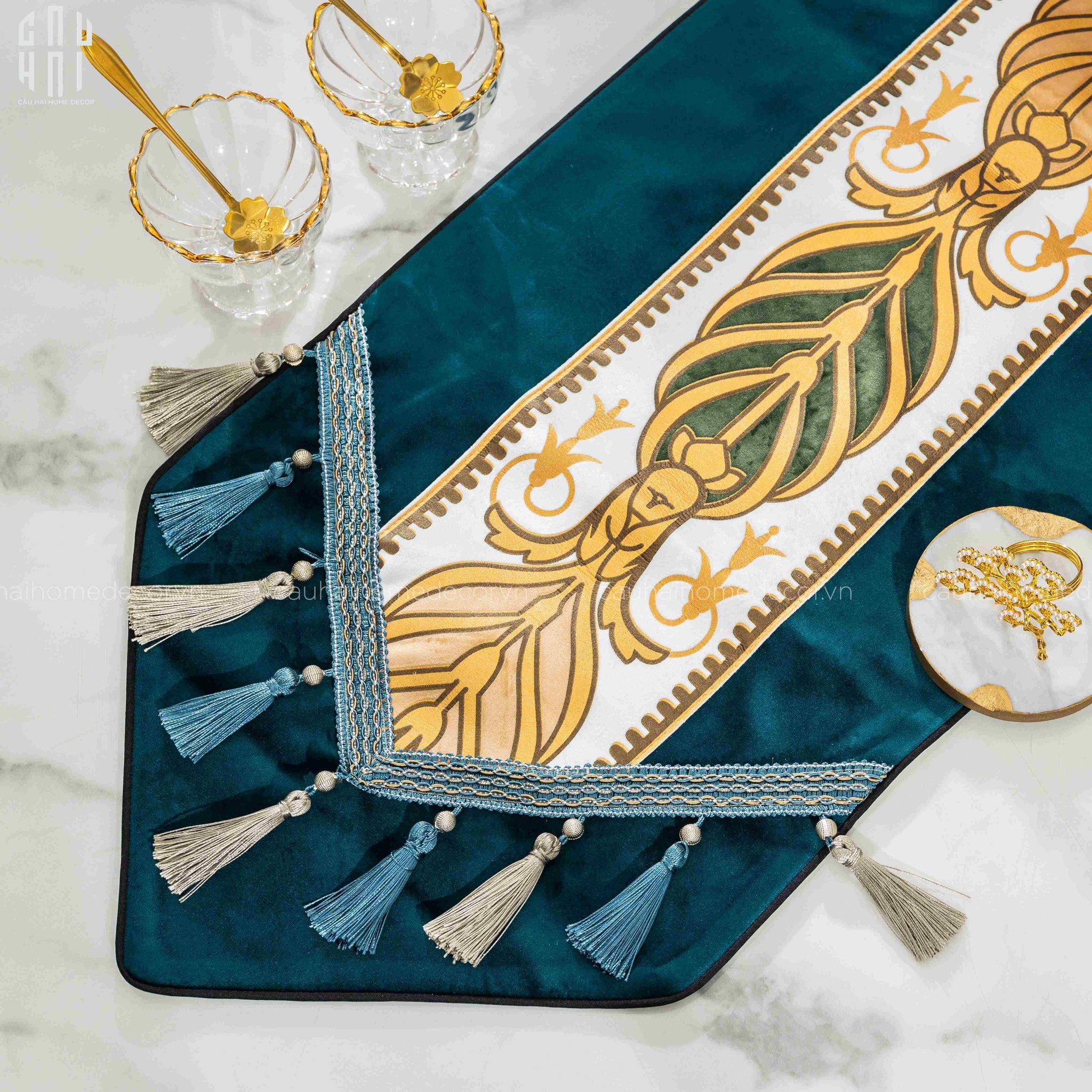 Khăn Trải Bàn Nhung Teal Velvet Mixology Thalia 1M6 Couture Velour Table Runner-CẬU HAI HOME DECOR