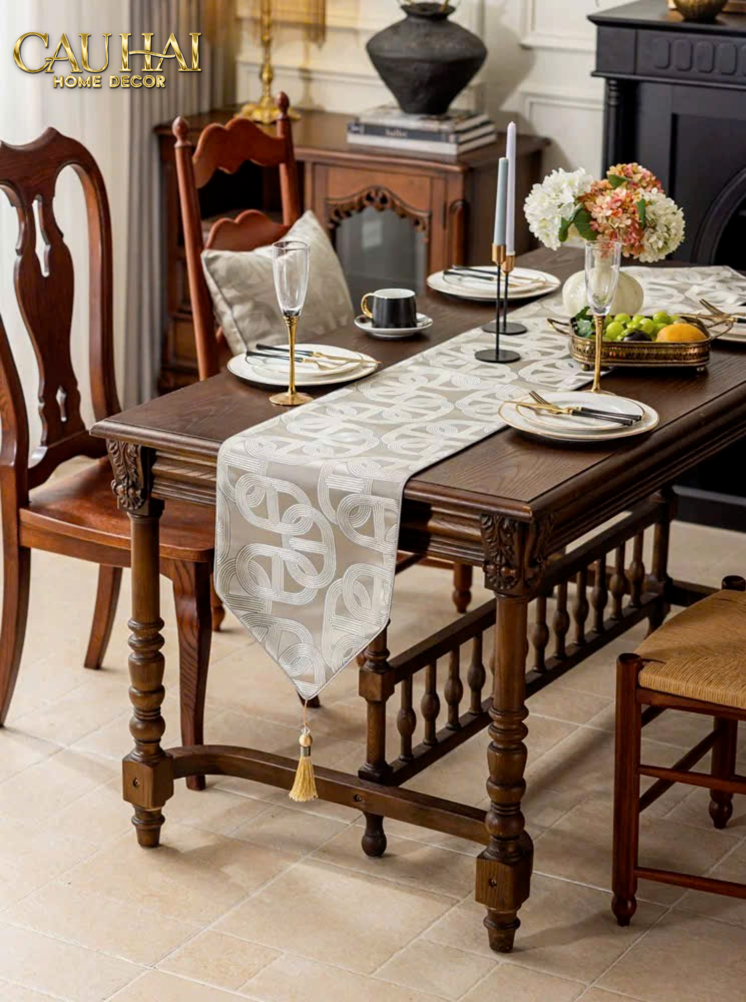 KHĂN TRẢI BÀN - SATIN CHAÎNE D’ANCRE GRIS TABLE RUNNER 32x240-CẬU HAI HOME DECOR