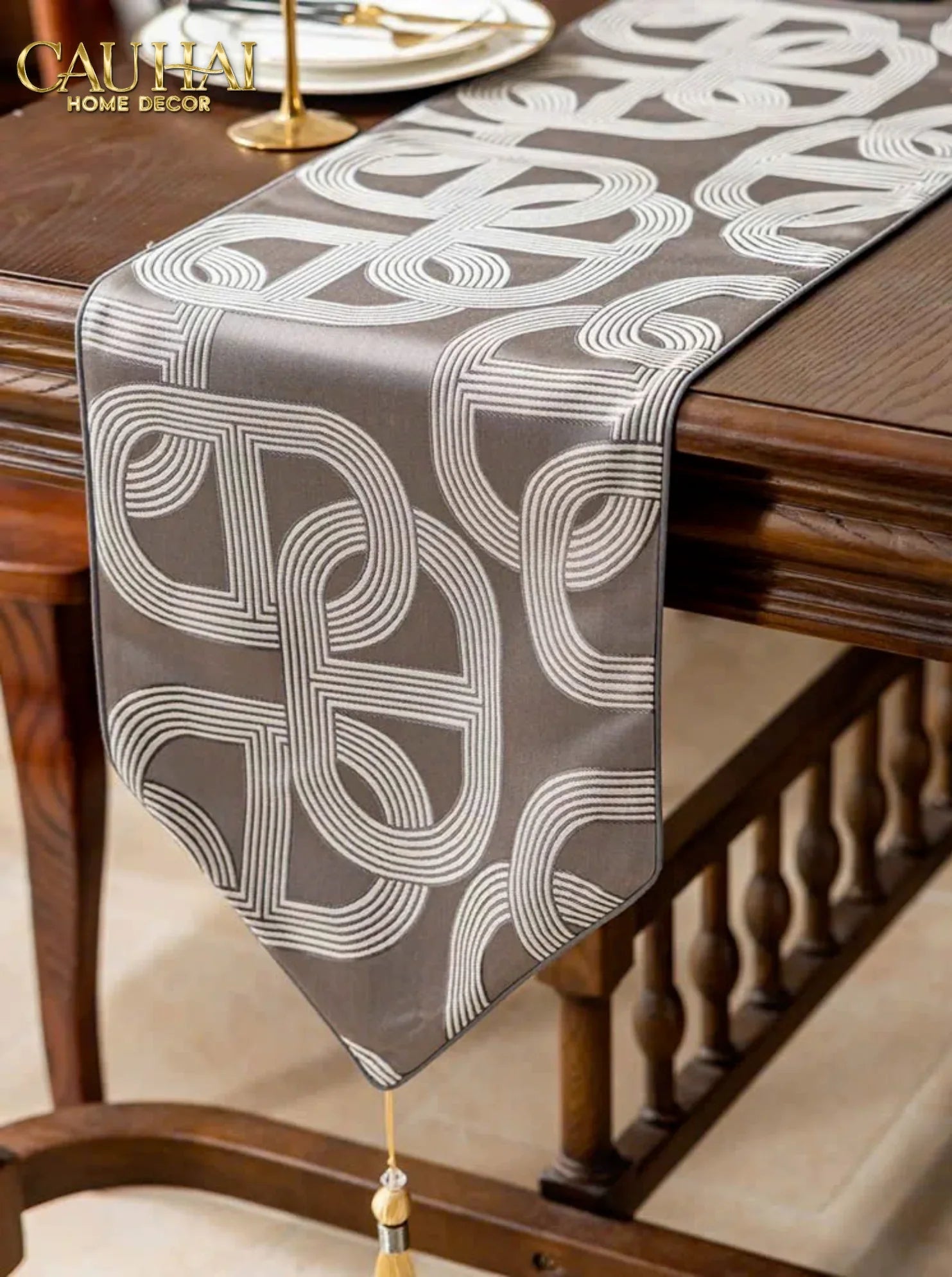 Khăn Trải Bàn - Satin Chaîne D’Ancre Gris Table Runner 32X240-CẬU HAI HOME DECOR