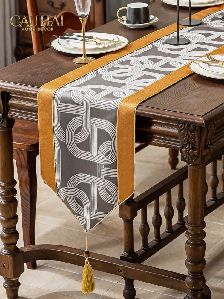 Khăn Trải Bàn - Satin Chaîne Gris Marigold Edge Table Runner 30X260 - CẬU HAI HOME DECOR