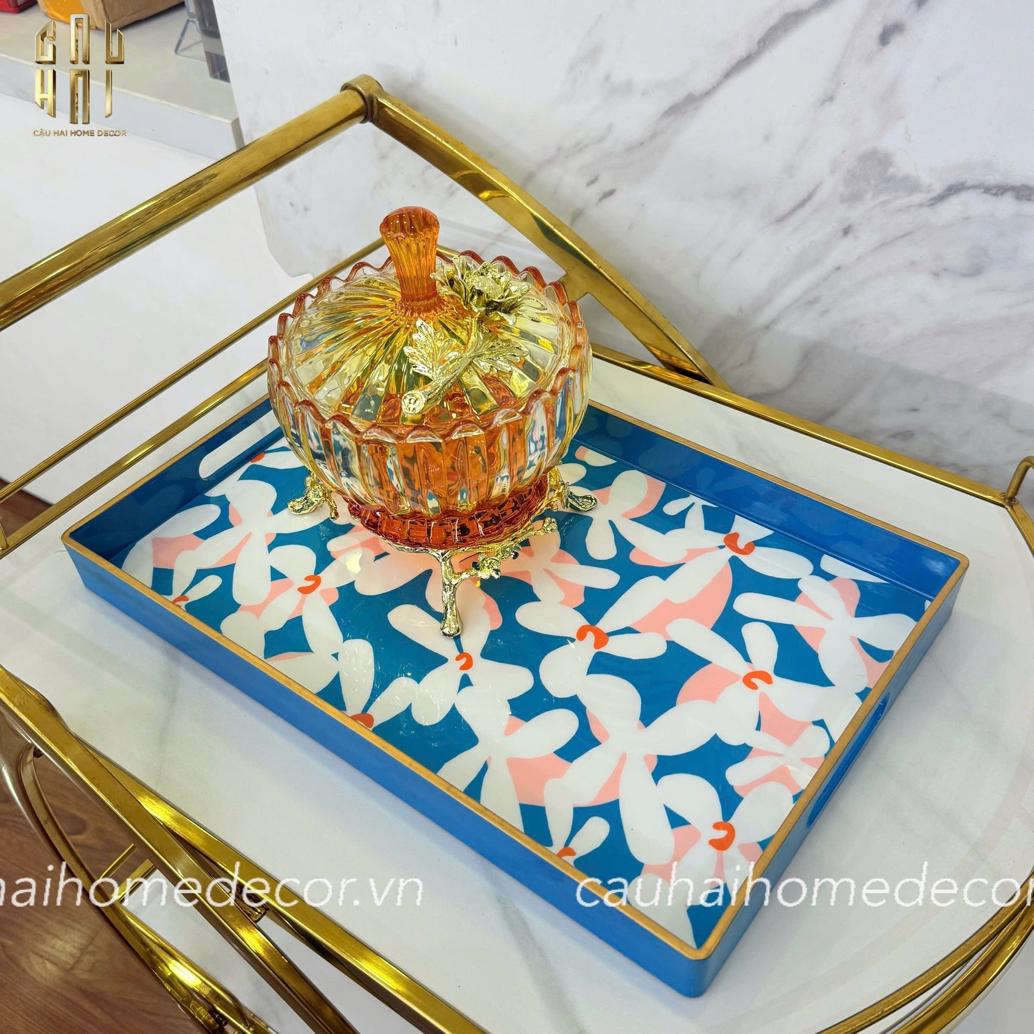 Khay Acrylic Chữ Nhật Azure Floral in Bloom Decoratives Trays 26x40x5-CẬU HAI HOME DECOR