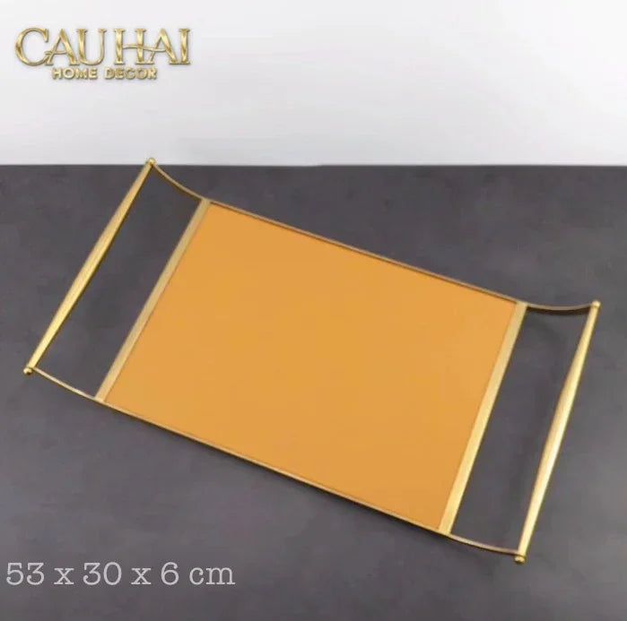 Khay Da Chữ Nhật 2 Tay Cầm - Curves Handles Orange Leather Linea Dorée Tray 53x30cm-CẬU HAI HOME DECOR