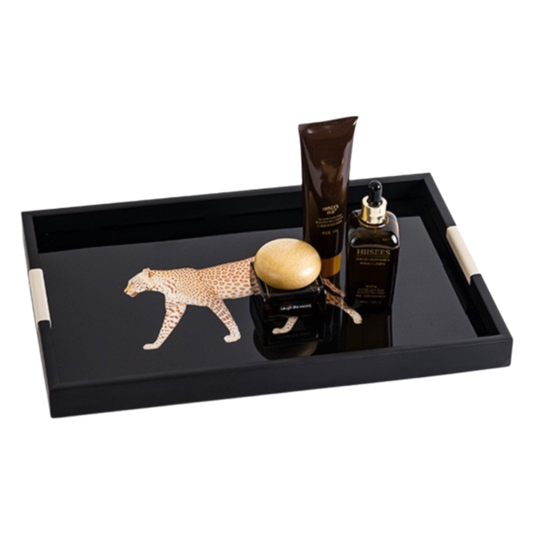 Khay Gợ Chữ Nhật Đen Hoạ Tiết Báo Đốm Ecartier - Noir Leopard Decorative Trays 38.4x26x3-KHAY TRANG TRÍ-CẬU HAI HOME DECOR