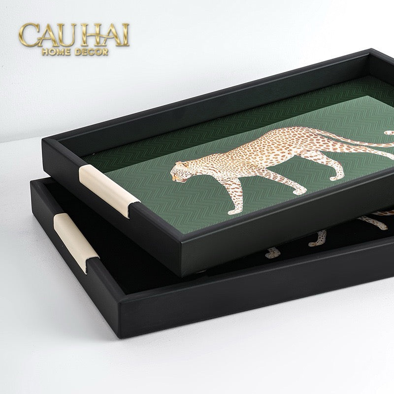 Khay Gỗ Chữ Nhật Đen Hoạ Tiết Báo Đốm Ecartier - Noir Leopard Decorative Trays 38.4x26x3-KHAY TRANG TRÍ-CẬU HAI HOME DECOR-CẬU HAI HOME DECOR
