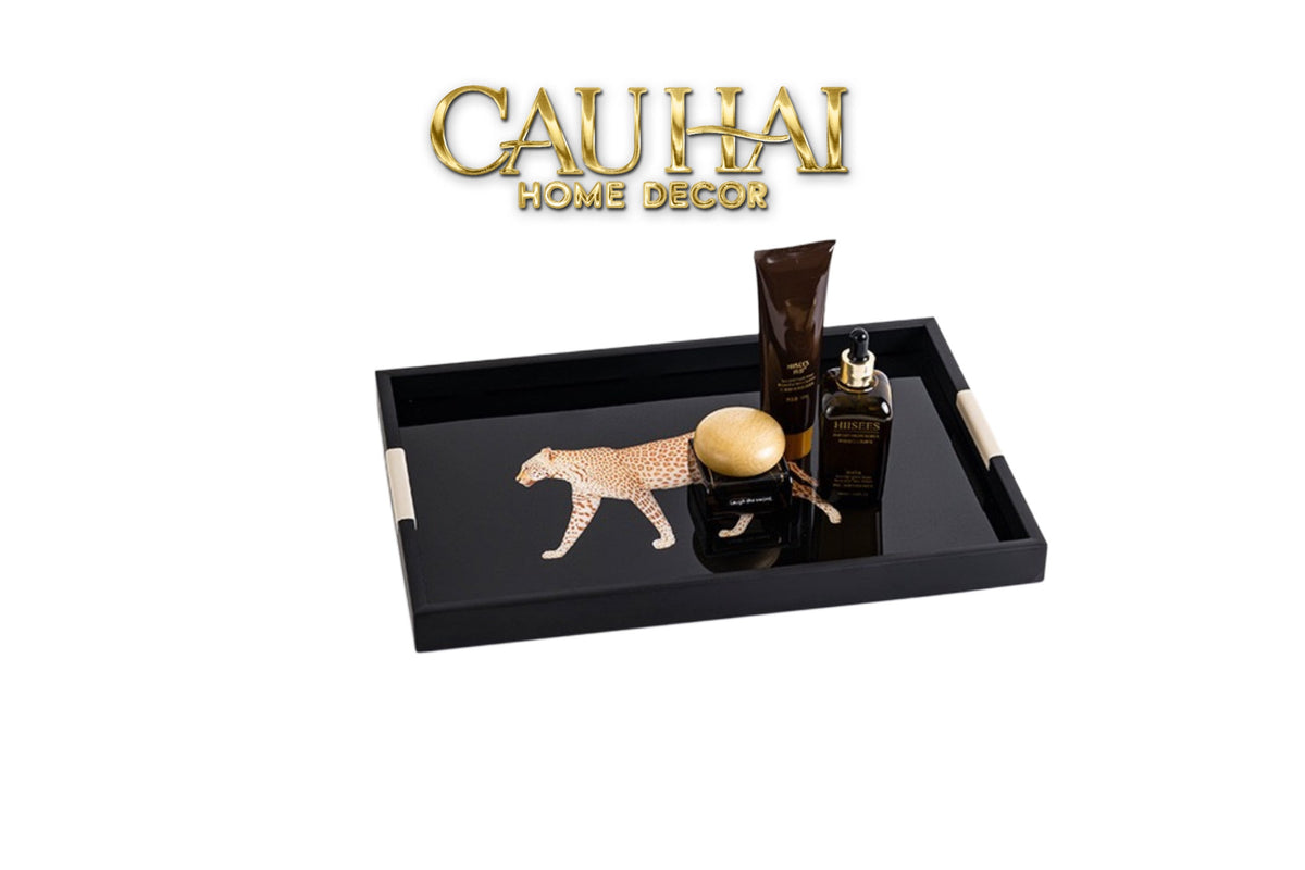 Khay Gỗ Chữ Nhật Đen Hoạ Tiết Báo Đốm Ecartier - Noir Leopard Decorative Trays 38.4x26x3-KHAY TRANG TRÍ-CẬU HAI HOME DECOR-CẬU HAI HOME DECOR