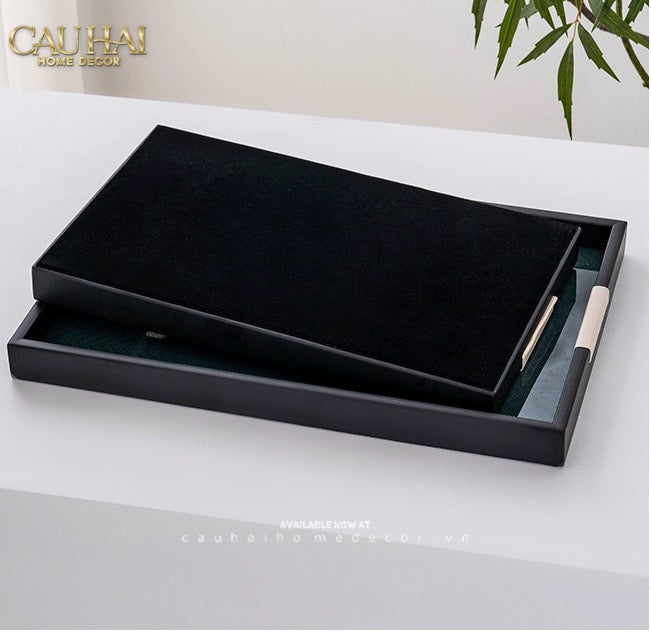Khay Gỗ Chữ Nhật Đen Hoạ Tiết Báo Đốm Ecartier - Noir Leopard Decorative Trays 38.4x26x3-CẬU HAI HOME DECOR