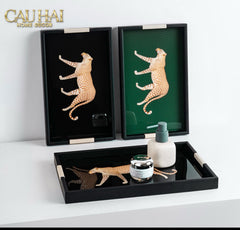 Khay Gỗ Chữ Nhật Đen Hoạ Tiết Báo Đốm Ecartier - Noir Leopard Decorative Trays 38.4x26x3-CẬU HAI HOME DECOR