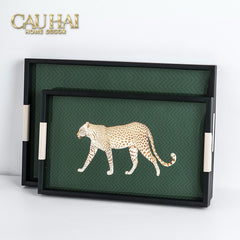 Khay Gỗ Chữ Nhật Đen Hoạ Tiết Báo Đốm Ecartier - Noir Leopard Decorative Trays 38.4x26x3-CẬU HAI HOME DECOR