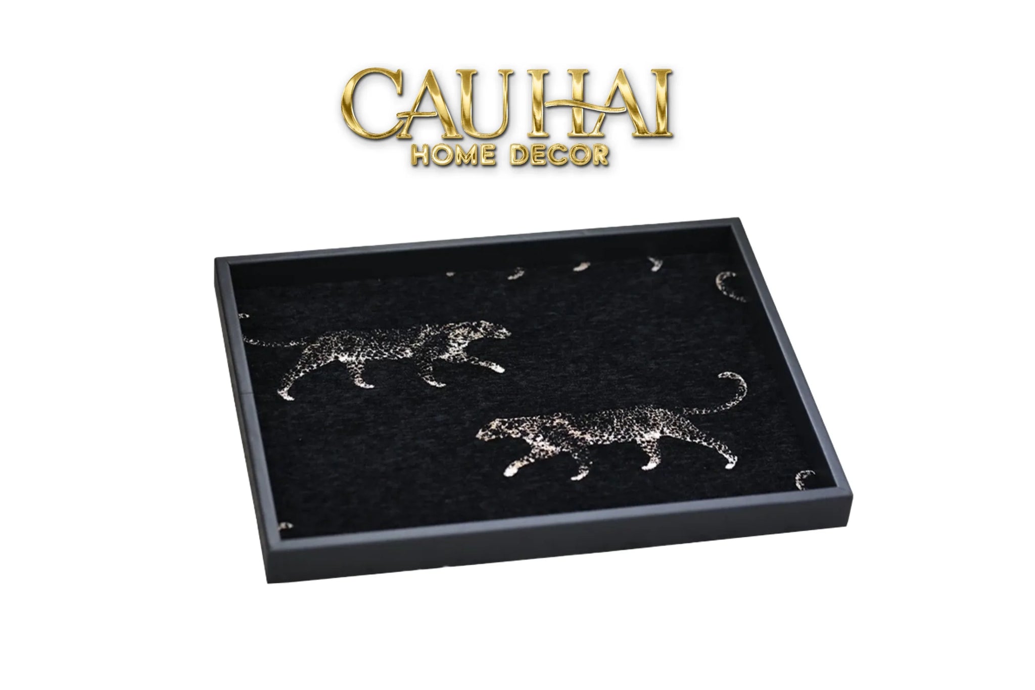 Khay Gỗ Chữ Nhật Lót Vải Tweed Lux Leather Nocturnal Panther Rectangular Trays 30X40-CẬU HAI HOME DECOR