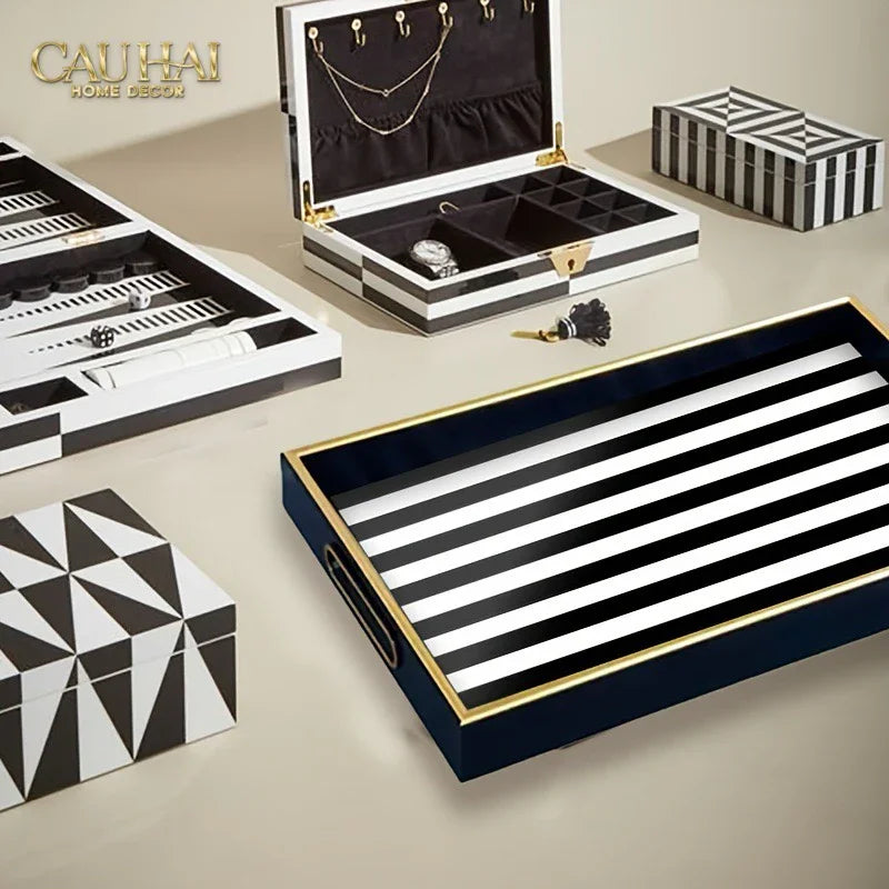 Khay Gỗ Chữ Nhật Rayé Monochrome Stripe Rectangular Serving Trays 28x35-CẬU HAI HOME DECOR