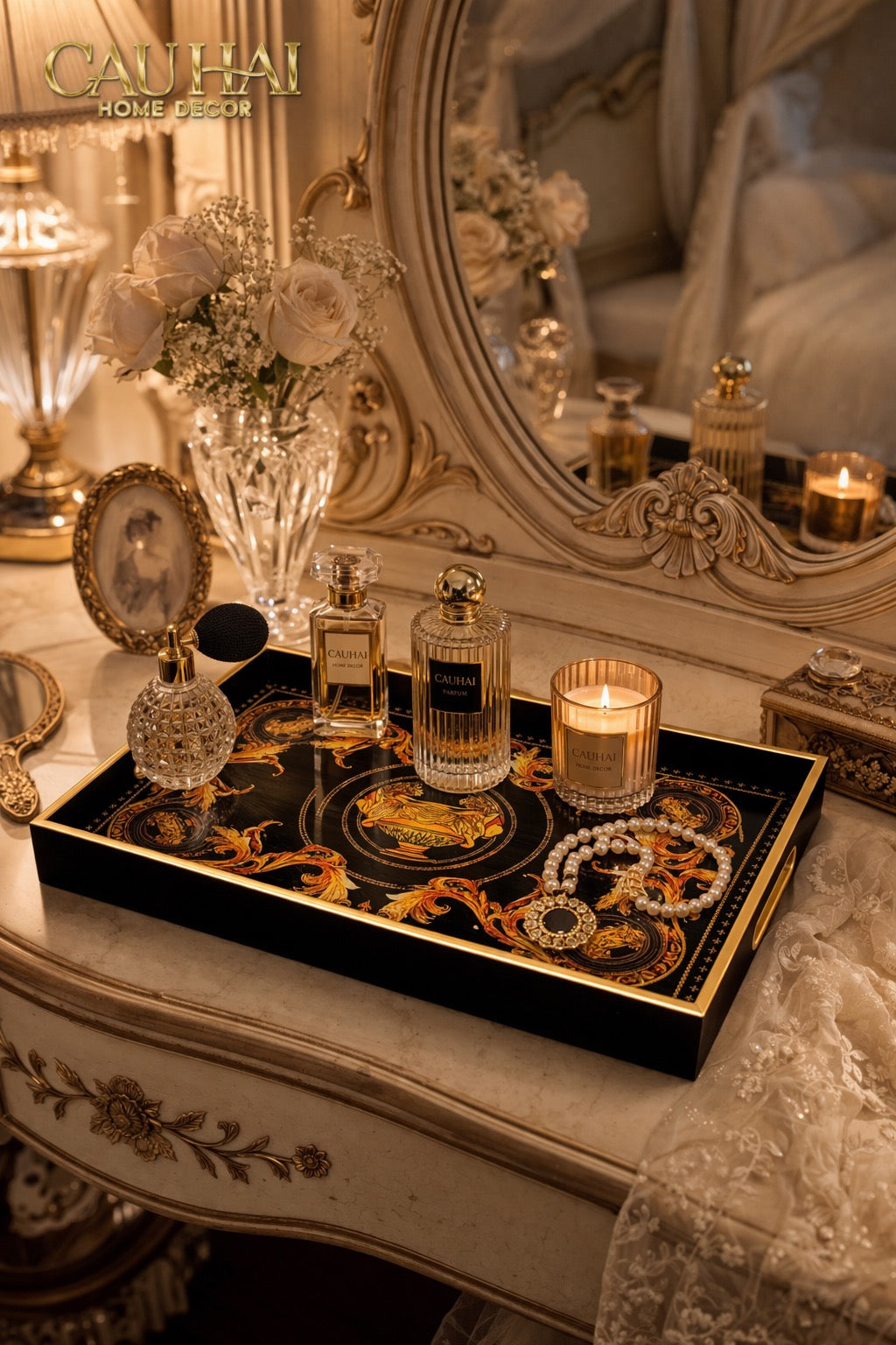 Khay Gỗ Chữ Nhật V Class Golden Barocco Noire Coupe de Dieux 25x38-CẬU HAI HOME DECOR