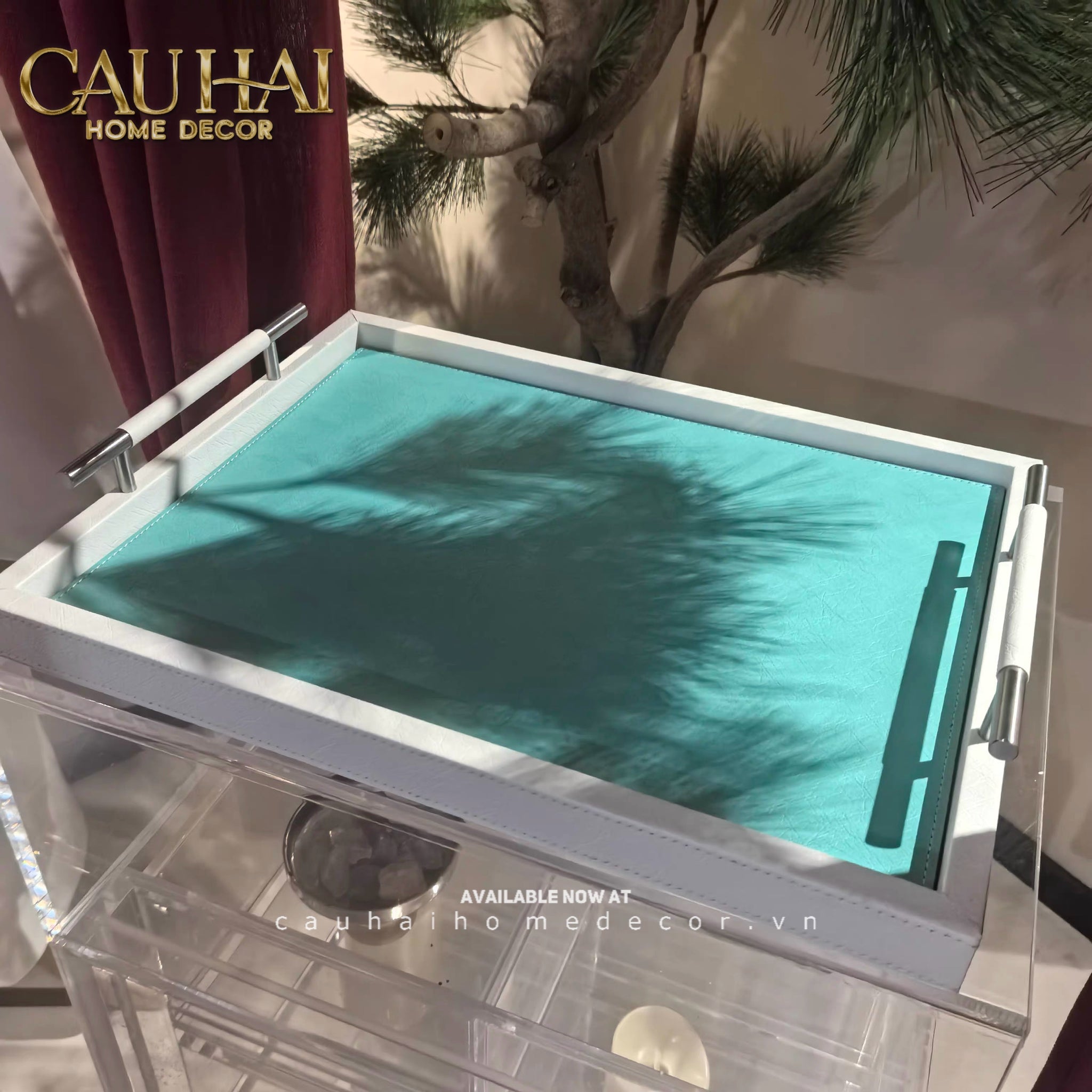 Khay Gỗ Chữ Nhật Xanh Mint Elegance Luxe Leather - Azure Turquoise 32.5x42.5-CẬU HAI HOME DECOR