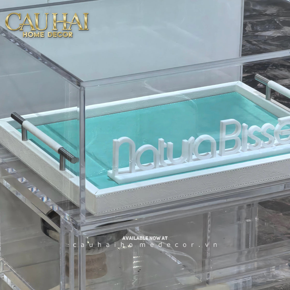 Khay Gỗ Chữ Nhật Xanh Mint Elegance Luxe Leather - Azure Turquoise 32.5x42.5-KHAY TRANG TRÍ-CẬU HAI HOME DECOR