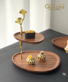 Khay Oval Gỗ Óc Chó Lá Ngân Hạnh Ginkgo Walnut Decoratives Trays 21x26-CẬU HAI HOME DECOR