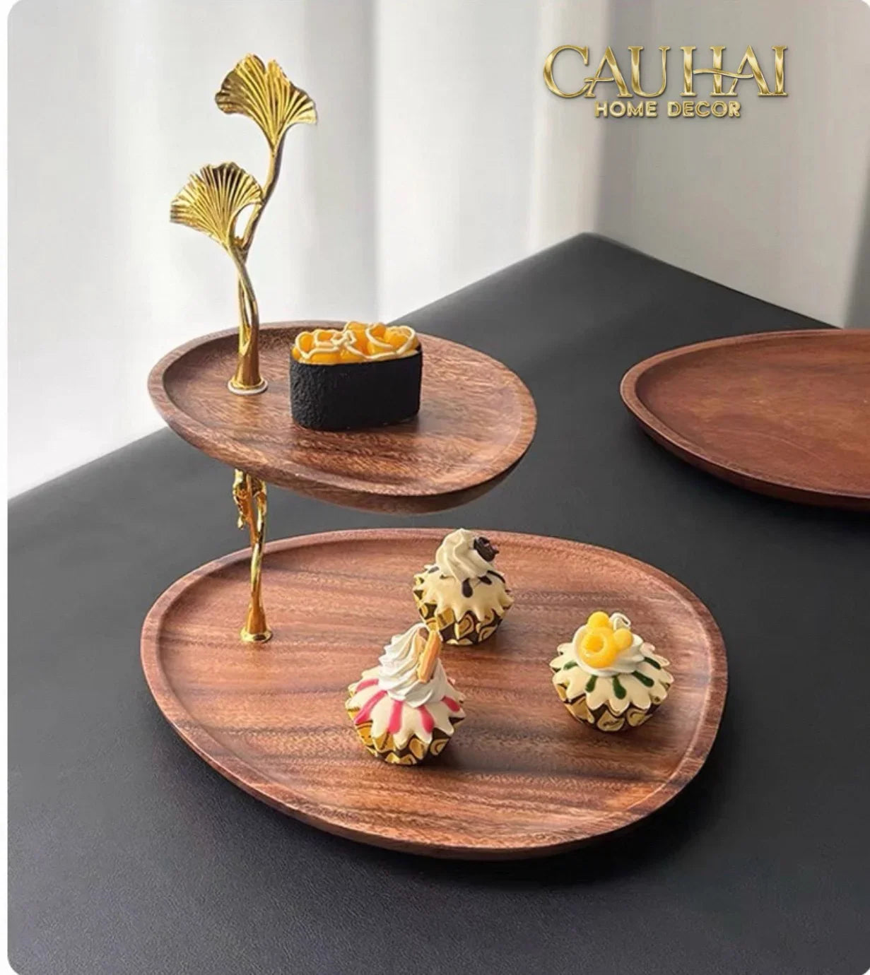 Khay Oval Gỗ Óc Chó Lá Ngân Hạnh Ginkgo Walnut Decoratives Trays 21x26-CẬU HAI HOME DECOR