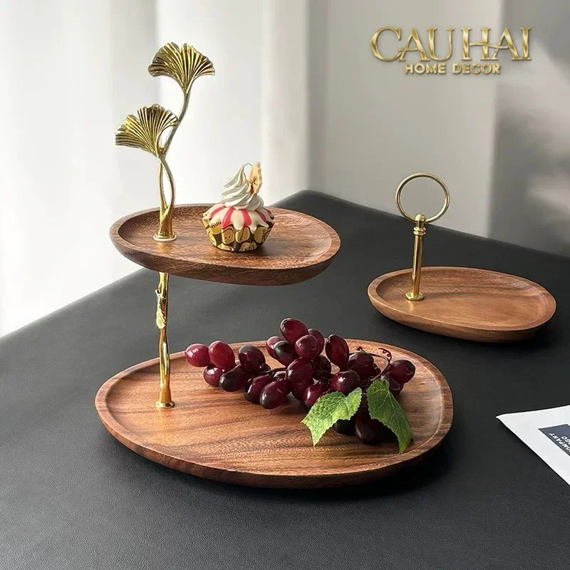 Khay Oval Gỗ Óc Chó Lá Ngân Hạnh Ginkgo Walnut Decoratives Trays 21x26-CẬU HAI HOME DECOR