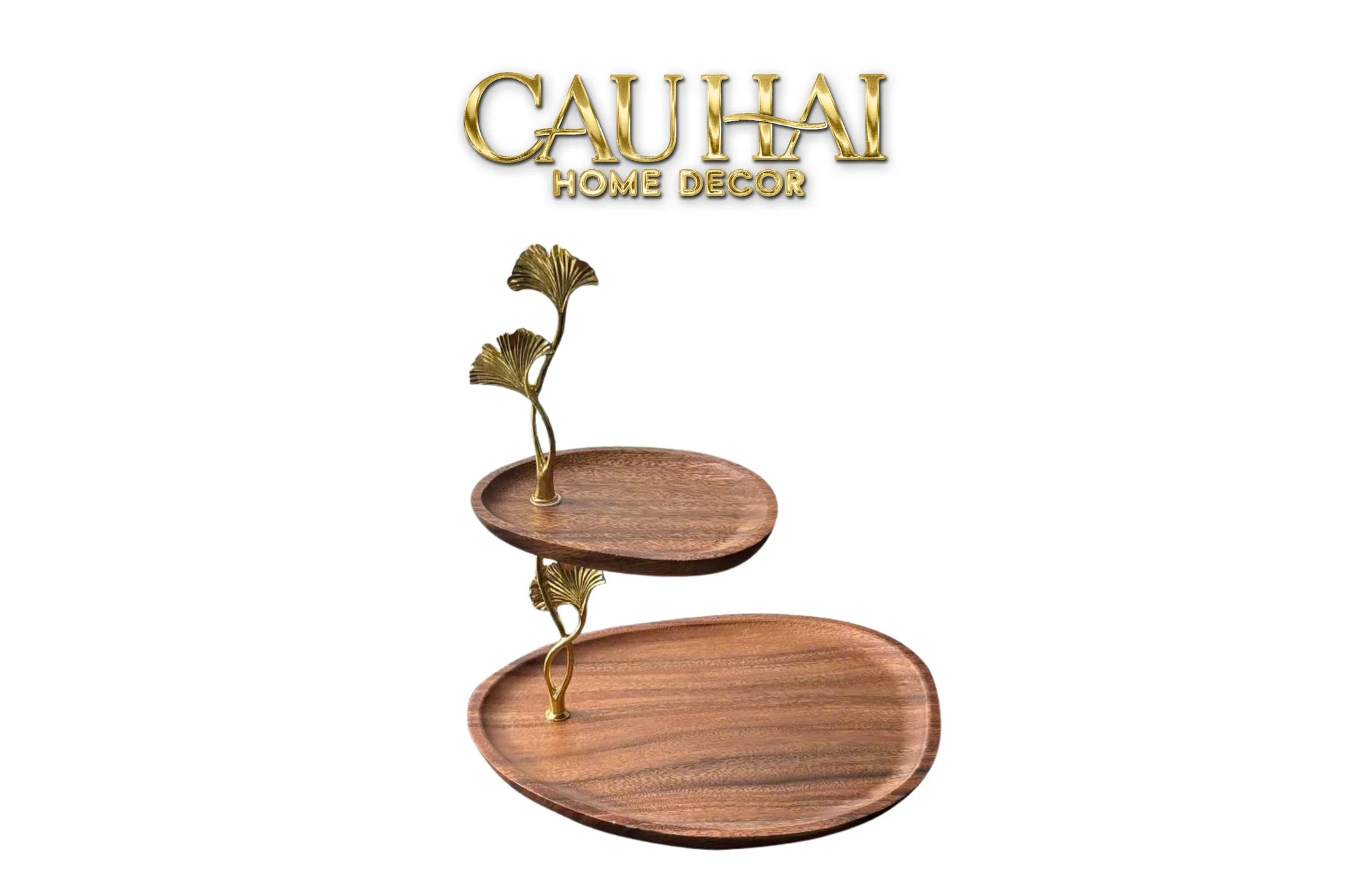 Khay Oval Gỗ Óc Chó Lá Ngân Hạnh Ginkgo Walnut Decoratives Trays 21x26-CẬU HAI HOME DECOR