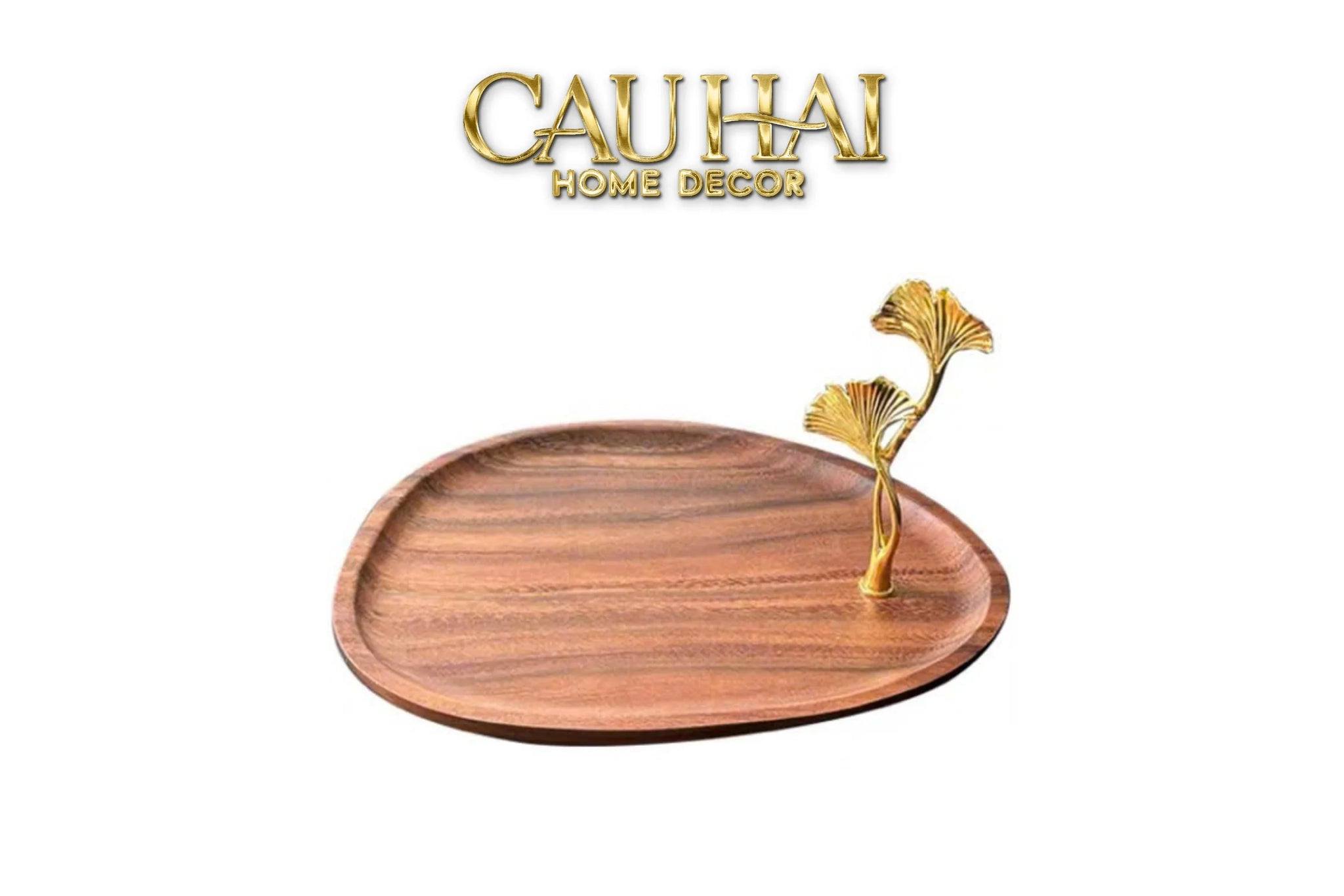 Khay Oval Gỗ Óc Chó Lá Ngân Hạnh Ginkgo Walnut Decoratives Trays 21x26-CẬU HAI HOME DECOR