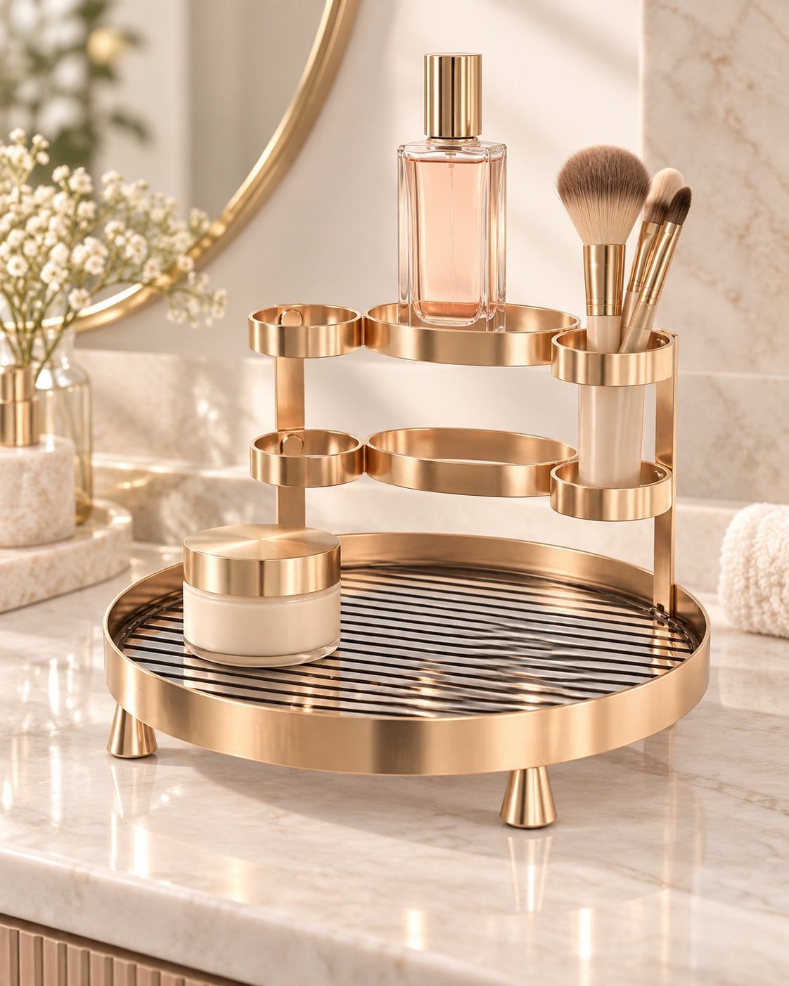 Khay tròn phòng tắm Champagne Luxe 23cm trong không gian sang trọng