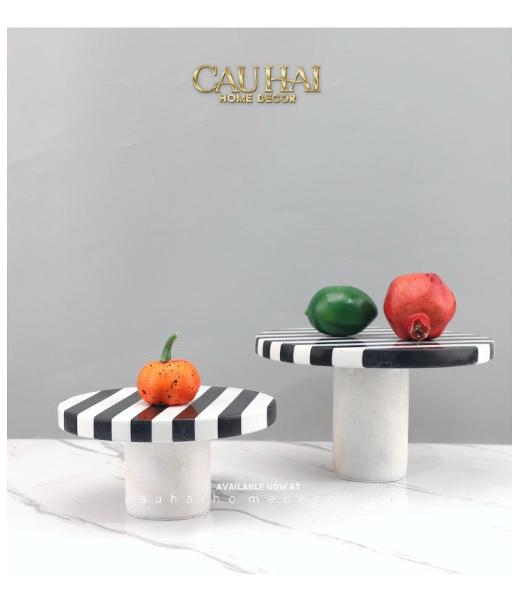 Khay Tròn Đế Bánh Đá Marble - Rayé Reflexion Blanc Noir Marble Cake Stand Display Trays 20x10 25x15-CẬU HAI HOME DECOR