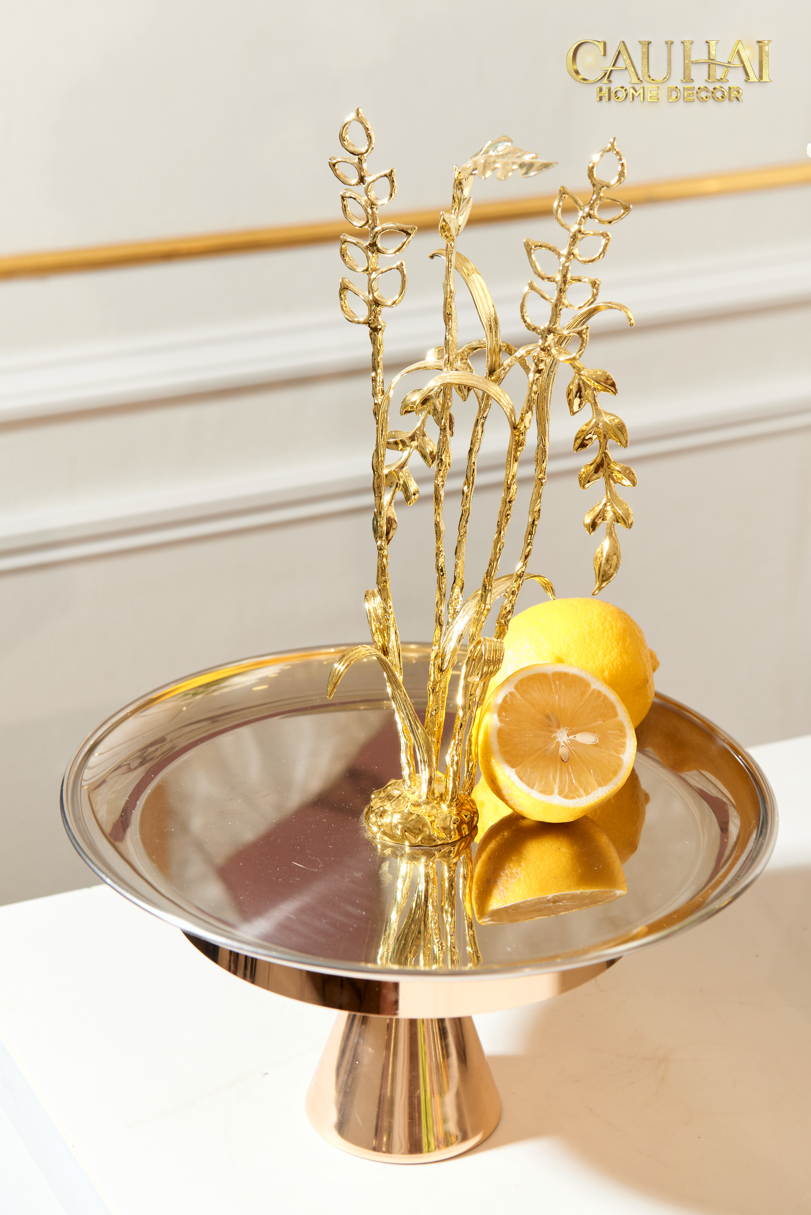 Elysian - Khay Tròn Đĩa Trái Cây Platinum Métallique  Golden Eucalyptus Branch D30