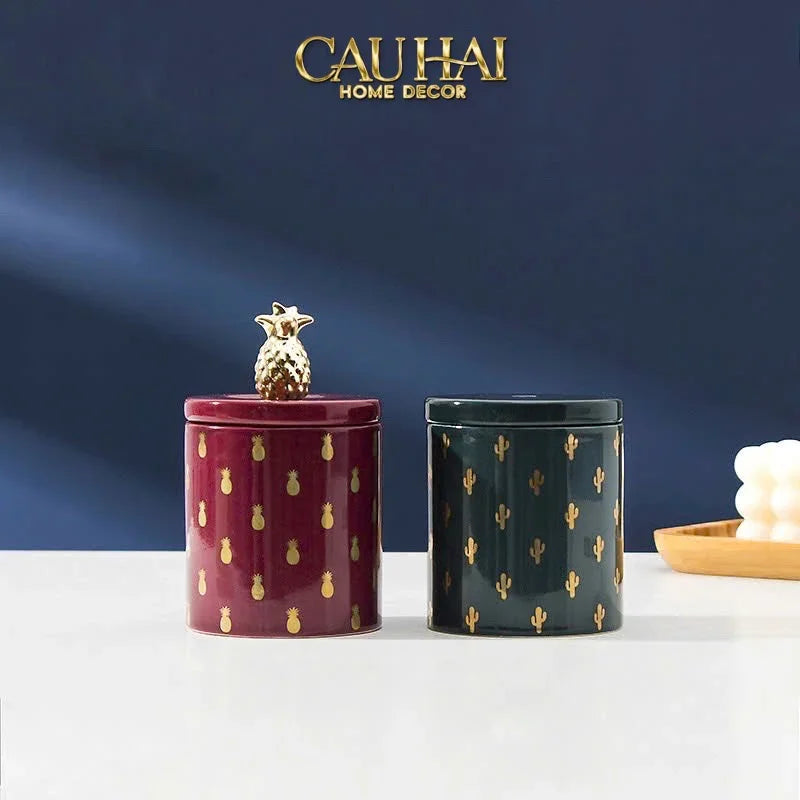 Lọ Kẹo Gốm Sứ Holiday Seasons Golden Fêtes Art Canister 8.5x14-CẬU HAI HOME DECOR