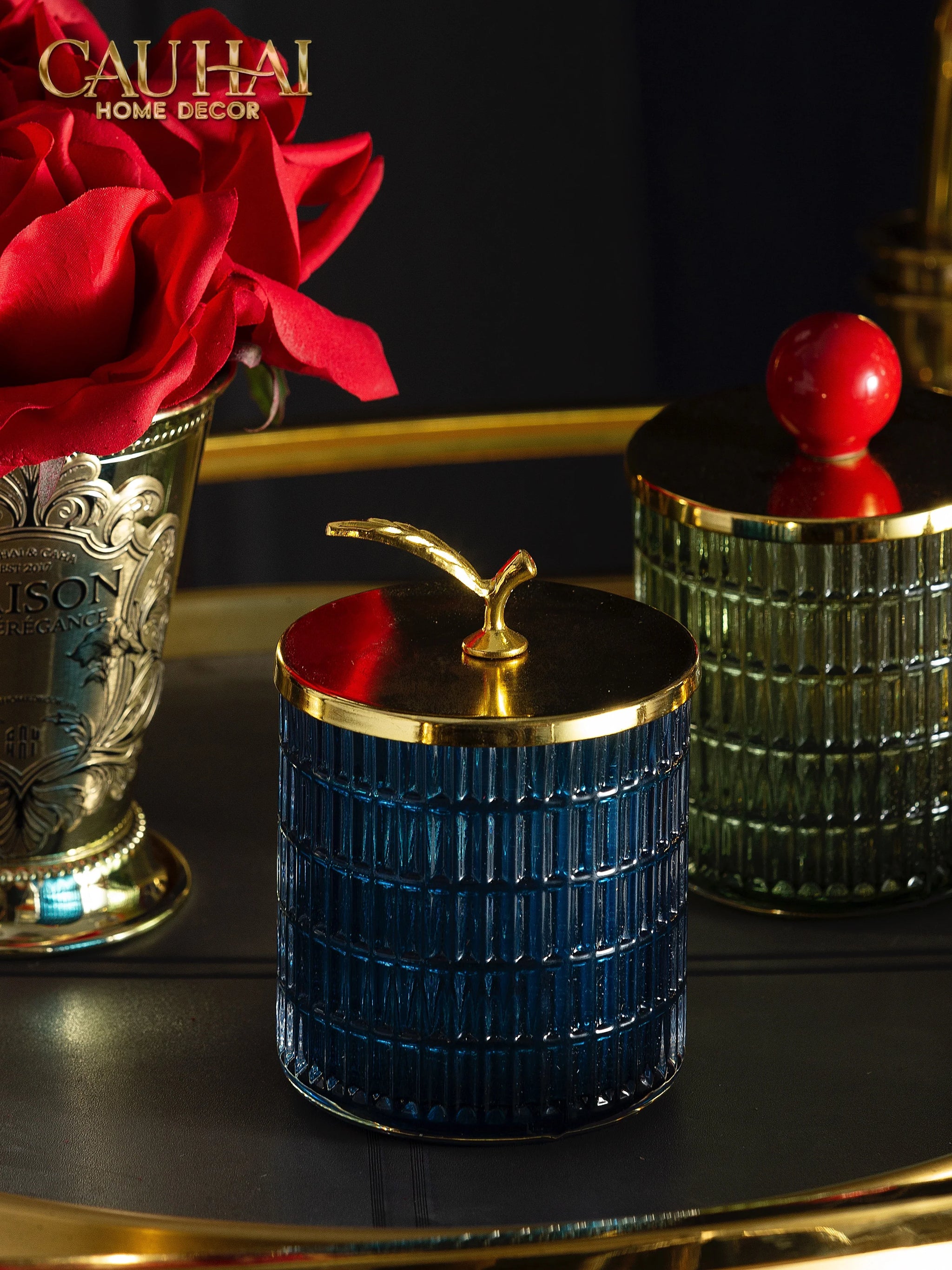 Lọ Kẹo Thuỷ Tinh Blue Ocean Cristalleries - Golden Twig Bonbonnière-CẬU HAI HOME DECOR