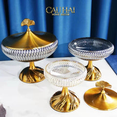 Lọ Kẹo Thuỷ Tinh Chân Cao Golden Ginkgo Candy Bonbonnière 21x22.5-CẬU HAI HOME DECOR