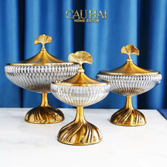 Lọ Kẹo Thuỷ Tinh Chân Cao Golden Ginkgo Candy Bonbonnière 21x22.5-CẬU HAI HOME DECOR