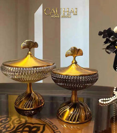 Lọ Kẹo Thuỷ Tinh Chân Cao Golden Ginkgo Candy Bonbonnière 21x22.5-CẬU HAI HOME DECOR
