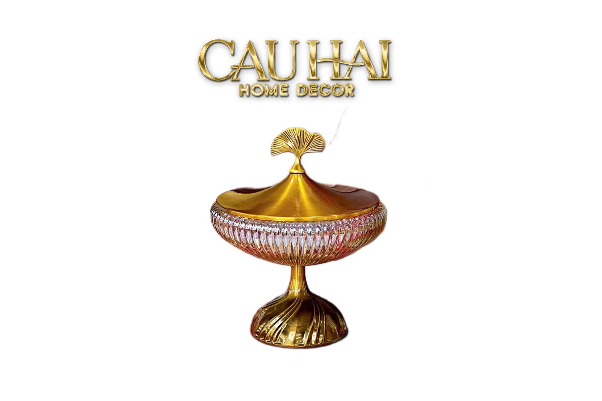 Lọ Kẹo Thuỷ Tinh Chân Cao Golden Ginkgo Candy Bonbonnière 21x22.5-CẬU HAI HOME DECOR