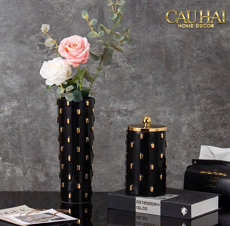 Mais Set 2 Bình Lọ Impériale Bastion Armory Noir-Gold Vessel - CẬU HAI HOME DECOR