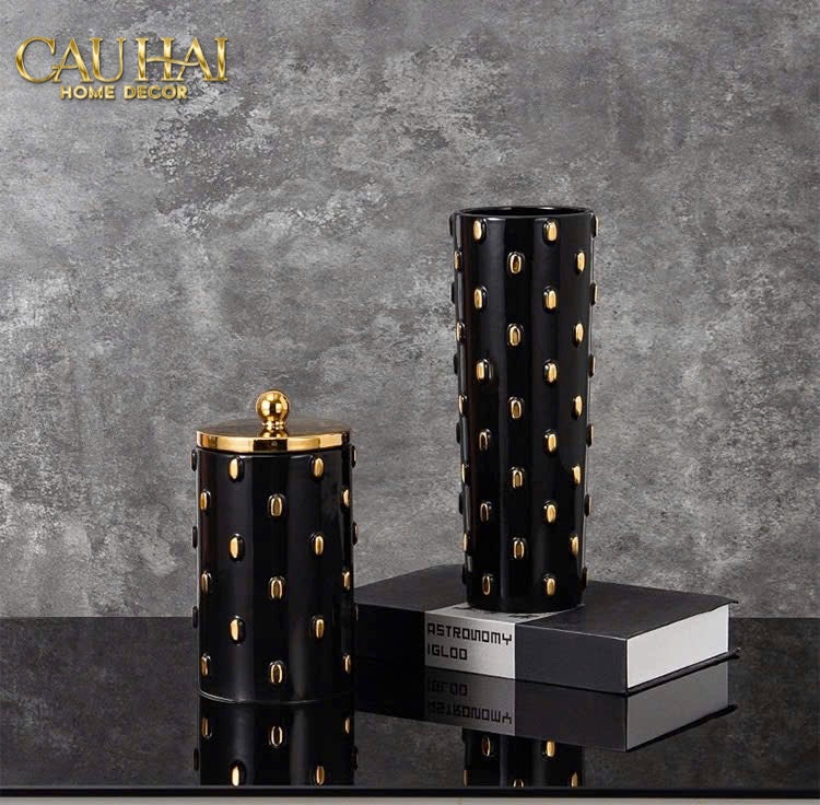 Mais Set 2 Bình Lọ Impériale Bastion Armory Noir-Gold Vessel - CẬU HAI HOME DECOR