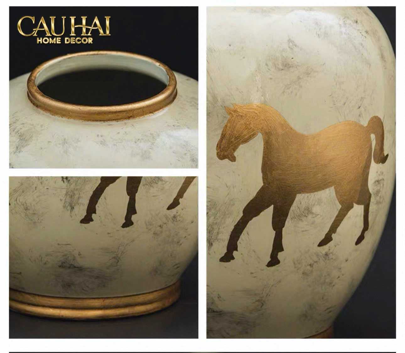 Maison Couture - Bình Gốm Ngựa Dát Vàng Cheval Noble Ivoire
Artisan Feuille D’Or Ceramic Vase H29 - CẬU HAI HOME DECOR