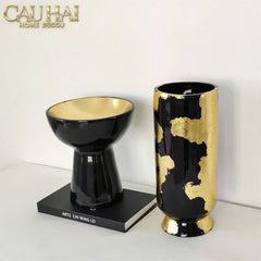Maison Couture - Bình Hoa Gốm Mun Mài Dát Vàng Noir Laqué Feuille d’Or Vase 34-CẬU HAI HOME DECOR