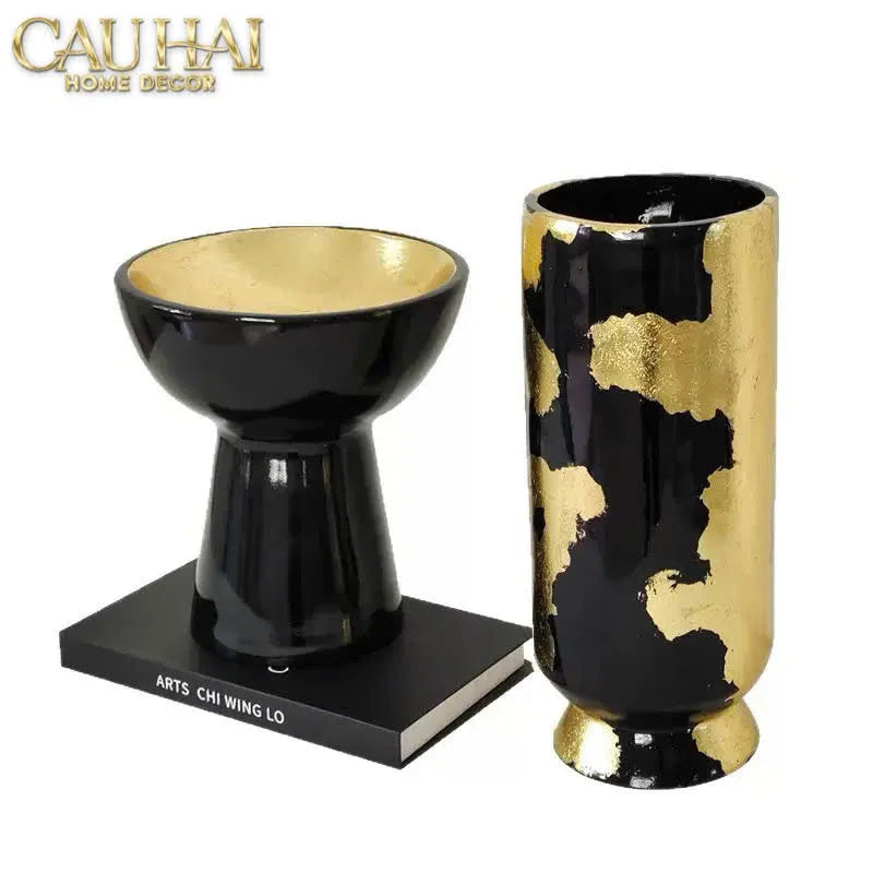 Maison Couture - Bình Hoa Gốm Mun Mài Dát Vàng Noir Laqué Feuille d’Or Vase 34-CẬU HAI HOME DECOR