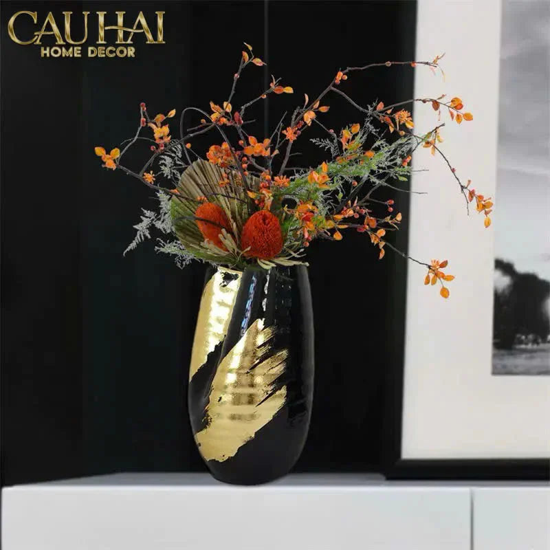 Maison Couture - Bình Hoa Gốm Mun Mài Dát Vàng Noir Laqué Feuille d’Or Vase 34-CẬU HAI HOME DECOR
