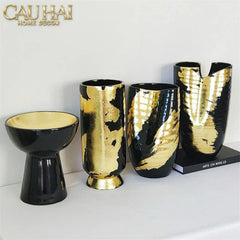 Maison Couture - Bình Hoa Gốm Mun Mài Dát Vàng Noir Laqué Feuille d’Or Vase 34-CẬU HAI HOME DECOR