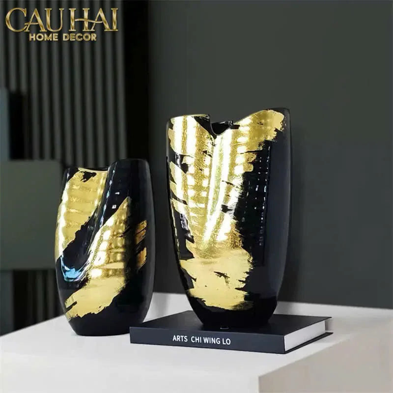 Maison Couture - Bình Hoa Gốm Mun Mài Dát Vàng Noir Laqué Feuille d’Or Vase 34-CẬU HAI HOME DECOR